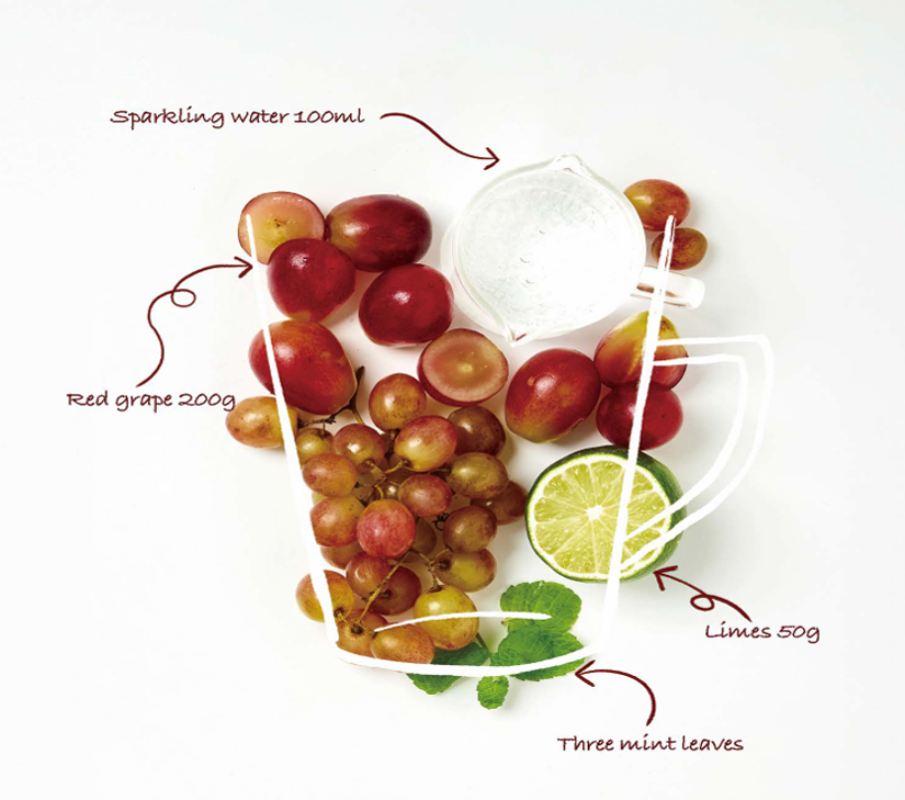 Illustration of red grapes, sparkling water, lime, and mint leaves with labeled amounts