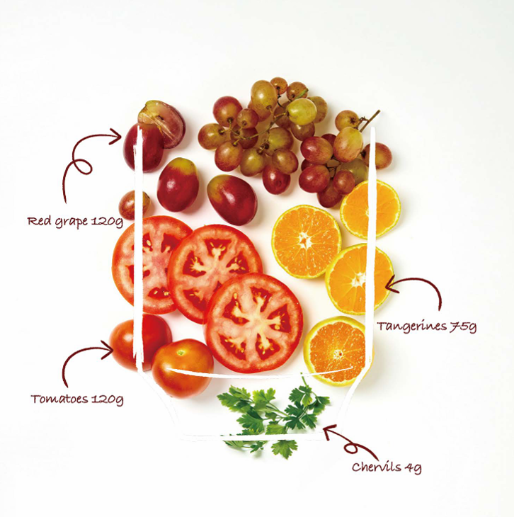 Illustration of red grapes, tomatoes, tangerines, and chervil with labeled amounts