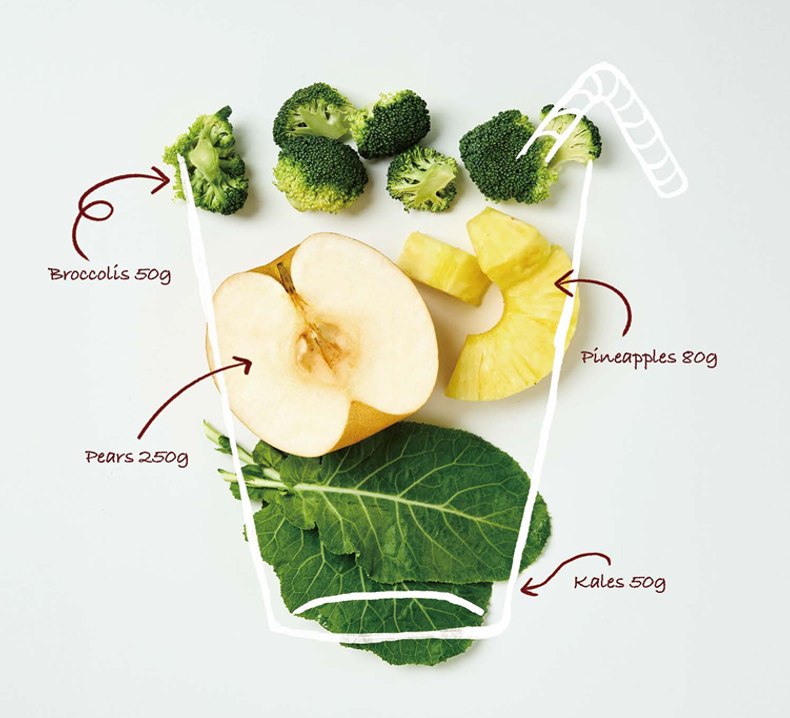 Illustration of broccoli, pears, pineapple, and kale with labeled amounts