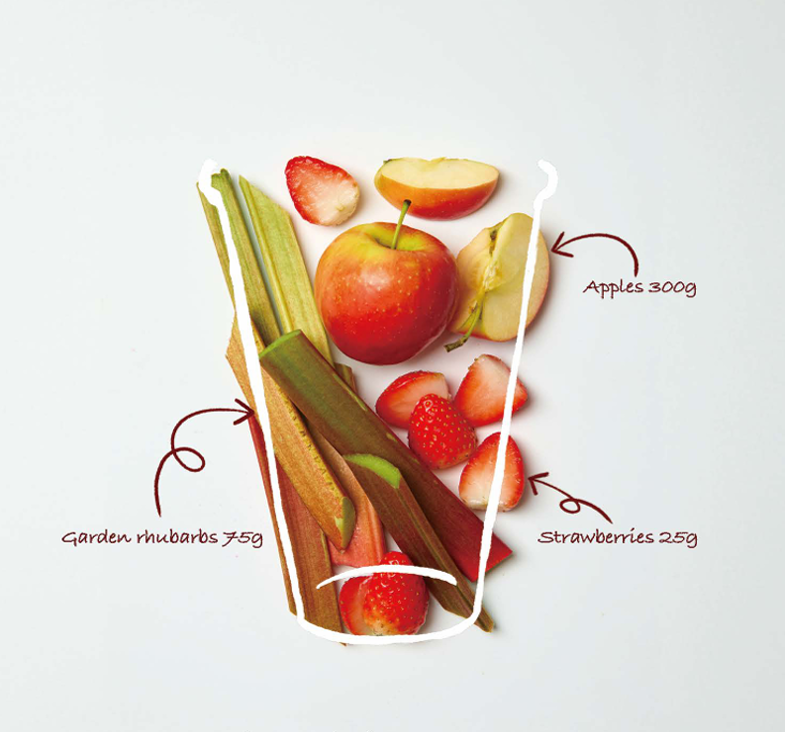 Illustration of apples, strawberries, and garden rhubarb with labeled amounts