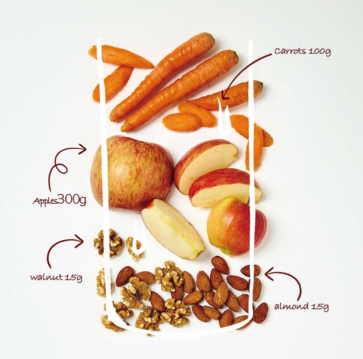 Illustration of carrots, apple, walnuts, and almonds with labeled amounts