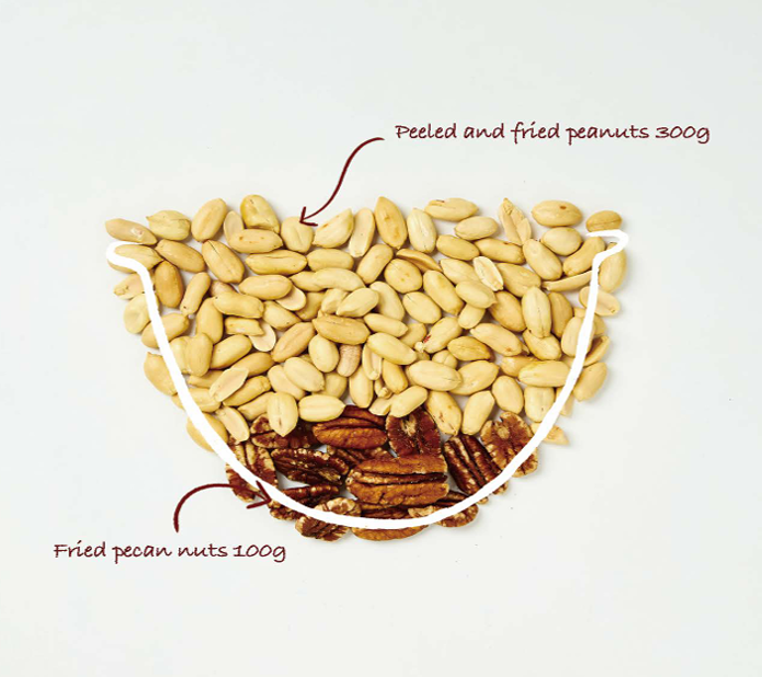 Illustration of peeled and fried peanuts and fried pecan nuts with labeled amounts