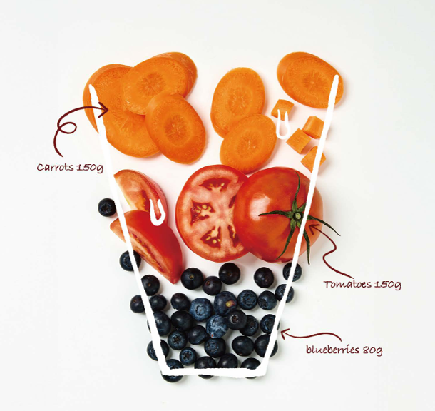 Illustration of carrots, tomatoes, and blueberries with labeled amounts