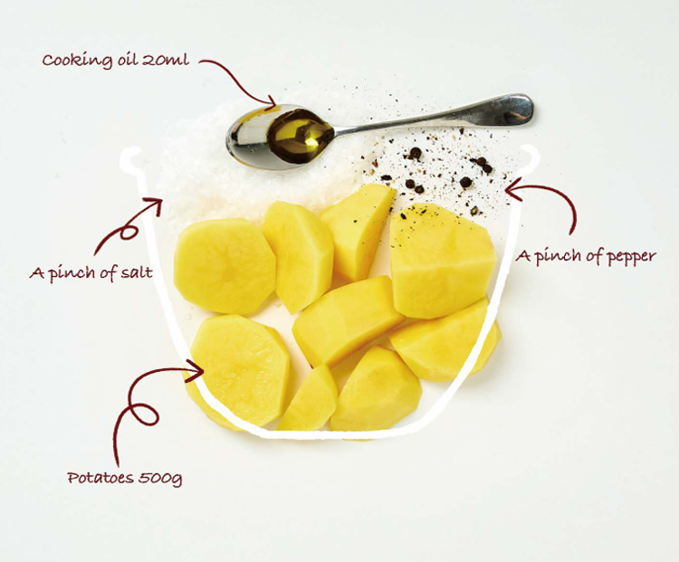 Illustration of potatoes, cooking oil, salt, and pepper with labeled amounts