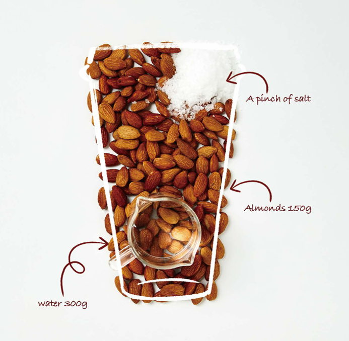 Illustration of almonds, water, and salt with labeled amounts