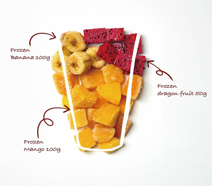 Illustration of a glass filled with frozen banana, mango, and dragon fruit pieces with labeled amounts