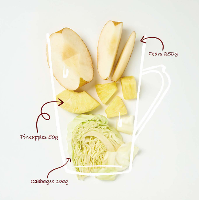 Illustration of pears, pineapple, and cabbage with labeled amounts