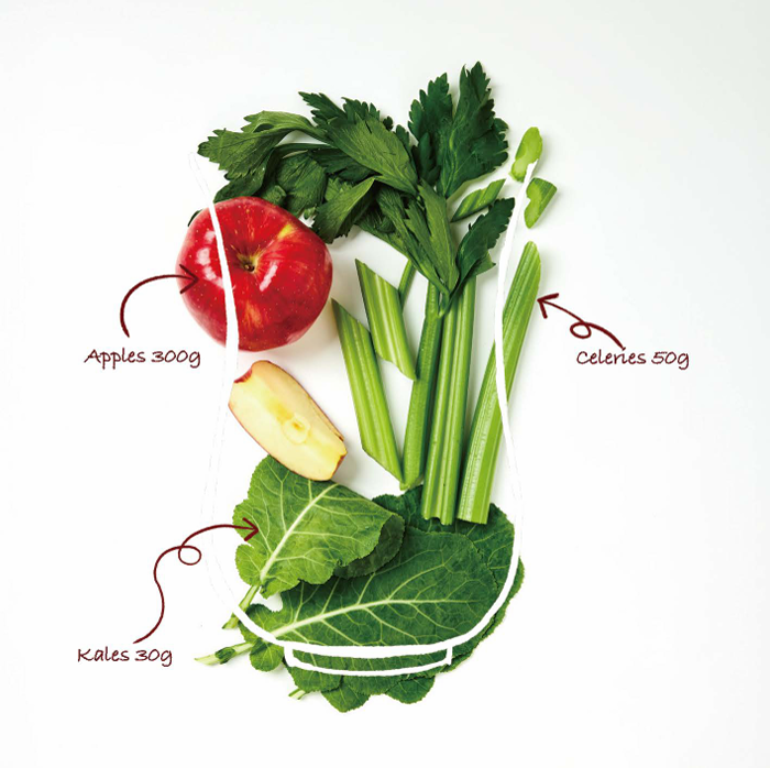 Illustration of apples, celery, and kale with labeled amounts