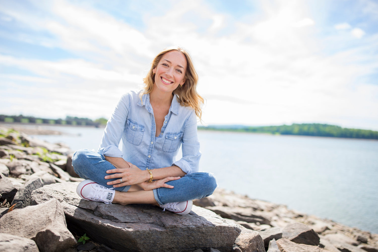 Person sitting cross-legged on rocks by the water outdoors