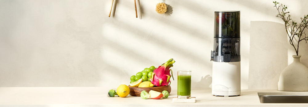 Juicer with fruits and a glass of juice on a kitchen counter E30ST