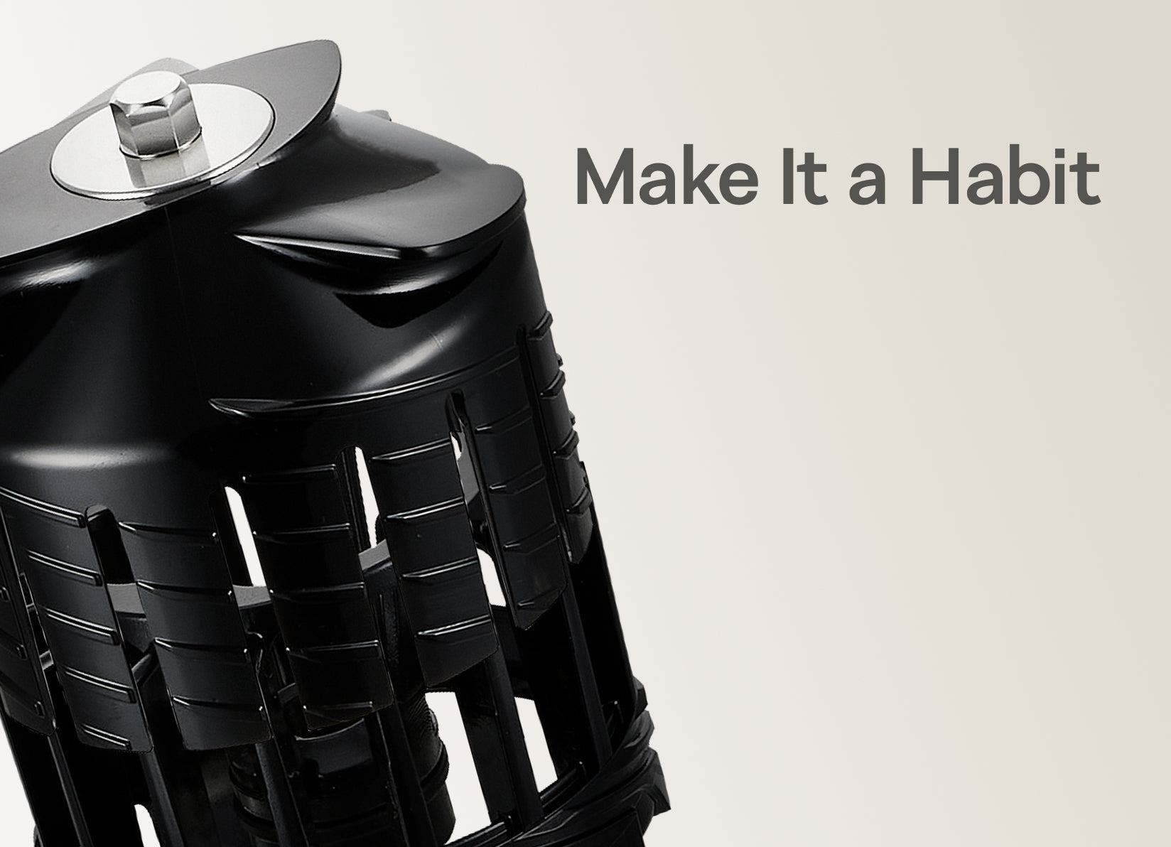 A close-up of the Hurom Easy Series multi-screw, highlighting its simple and innovative design. The text "Make It a Habit" appears on the right, symbolizing how Hurom’s easy-to-use technology helps transform healthy juicing into an effortless daily routine.