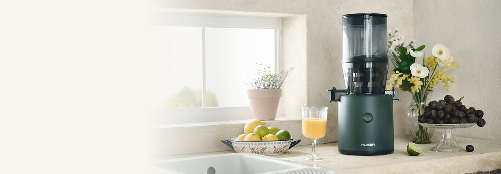 Juicer on a kitchen counter with fruits and a window in the background H320N