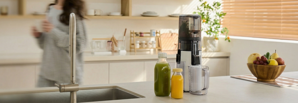 Person in a kitchen with a blender, juice, and fruits on the counter. H70FT