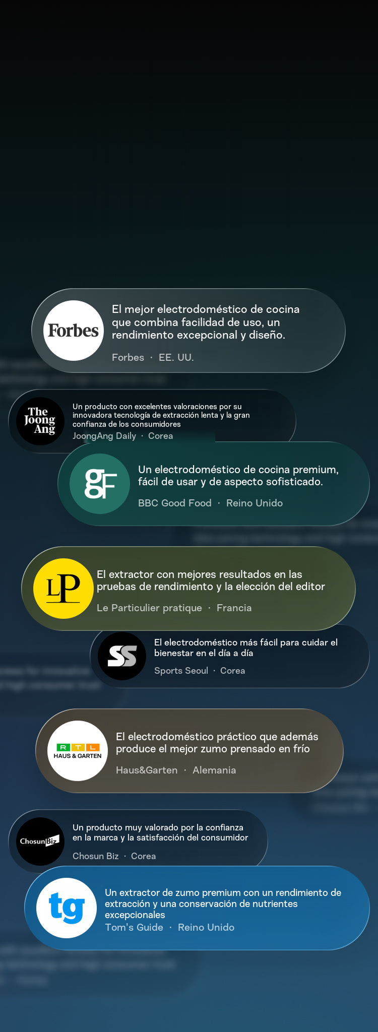 El extractor de zumo aclamado por los medios internacionales. Desde Forbes en Estados Unidos hasta Haus & Garten en Alemania o BBC Good Food, los extractores Hurom han sido reconocidos como 'extractores en los que puedes confiar'.