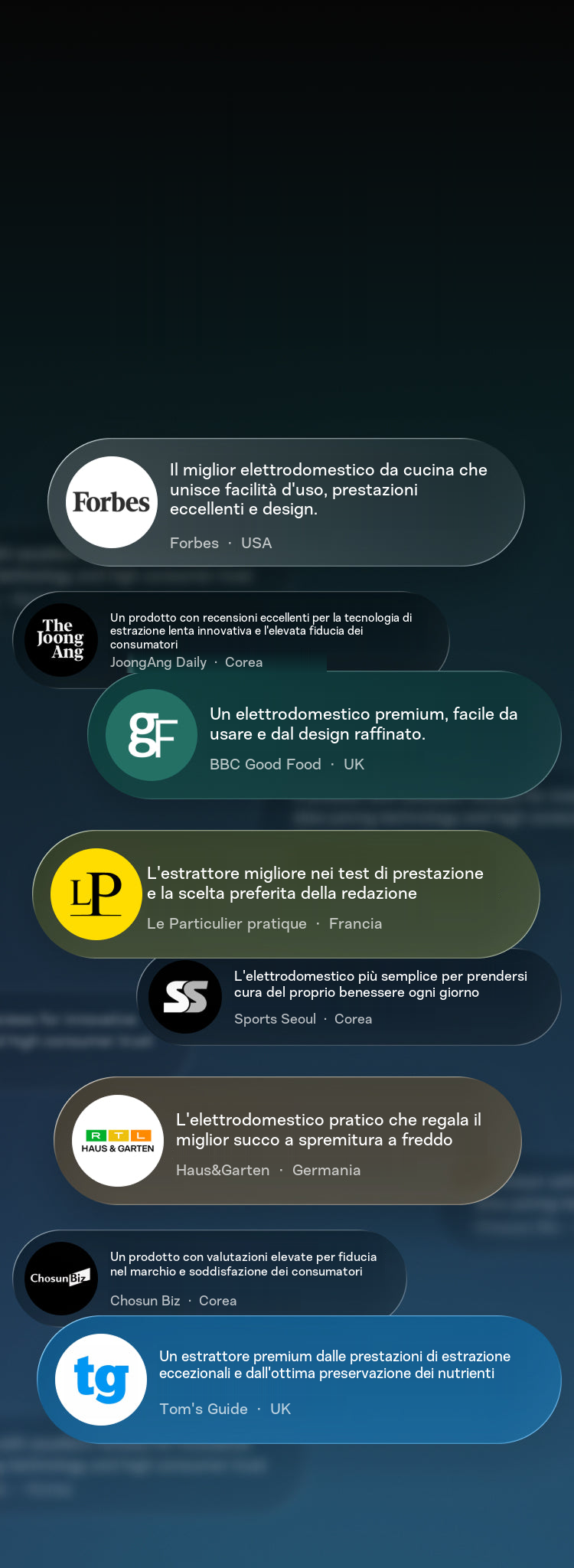 L'estrattore acclamato dai media internazionali. Da Forbes negli Stati Uniti a Haus & Garten in Germania, fino a BBC Good Food, gli estrattori Hurom sono riconosciuti come 'estrattori di cui fidarsi'.
