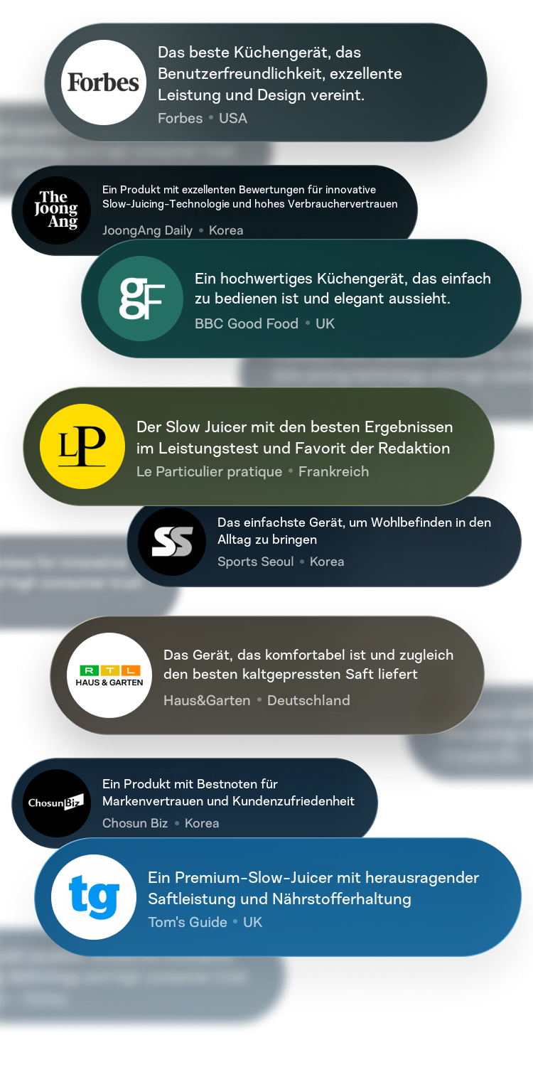 Eine Sammlung positiver Rezensionen internationaler Medien unter dem Titel Der Slow Juicer, den die internationale Presse feiert. Zu sehen sind Logos und Zitate von Forbes (USA), BBC Good Food (UK), Haus & Garten (Deutschland), Tom's Guide (UK) und JoongAng Daily (Korea), die Hurom Slow Juicer für Leistung, Design und Nährstofferhalt loben.