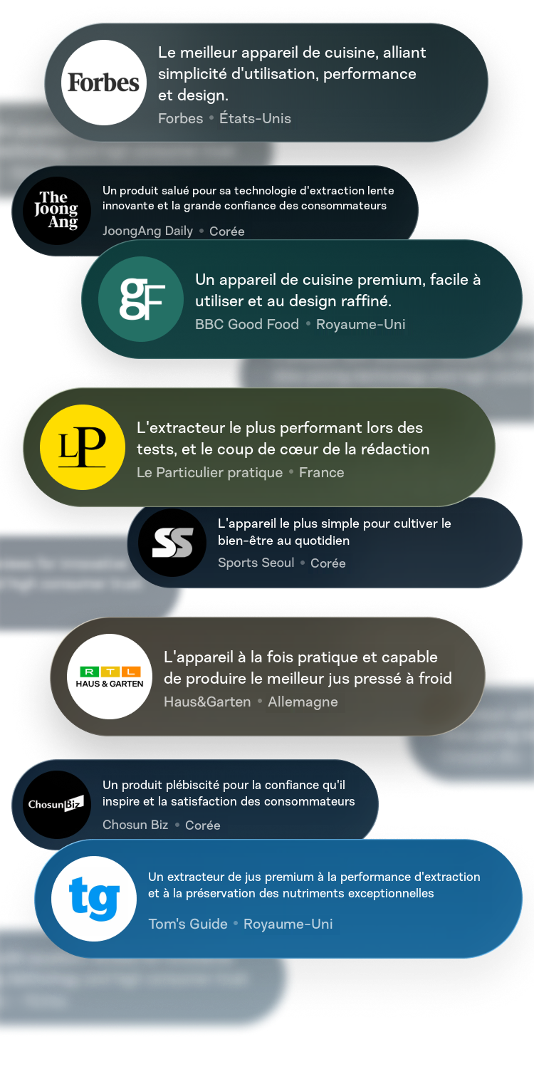 Un ensemble d'avis positifs de médias internationaux intitulé L'extracteur de jus salué par les médias internationaux. On y trouve les logos et les citations de Forbes (États-Unis), BBC Good Food (Royaume-Uni), Haus & Garten (Allemagne), Tom's Guide (Royaume-Uni) et JoongAng Daily (Corée), qui saluent les extracteurs Hurom pour leurs performances, leur design et la préservation des nutriments.