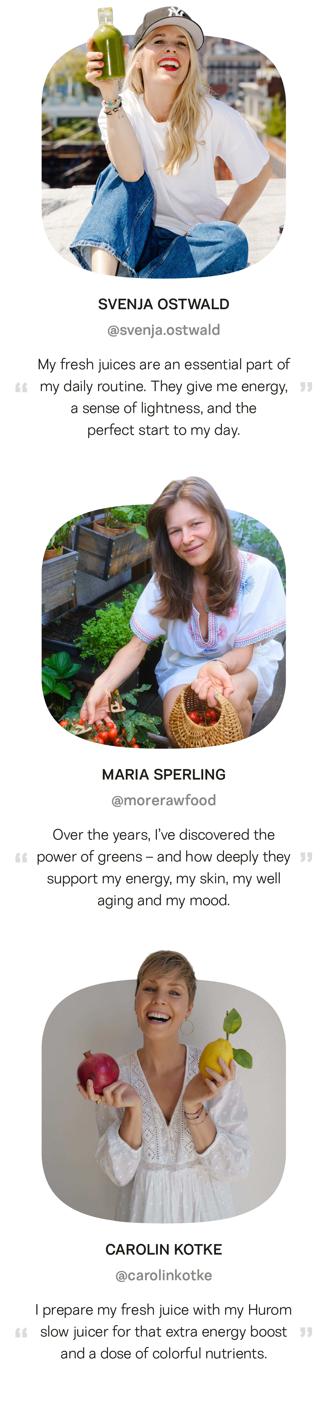 Three influencer profiles with quotes. Jamie mentions craving more greens since drinking Raw Core juice. Stephanie highlights reaching for juice after workouts to increase veggie intake. Nancy emphasizes that her whole family, including her kids, now consumes far more fruits and vegetables thanks to juicing.