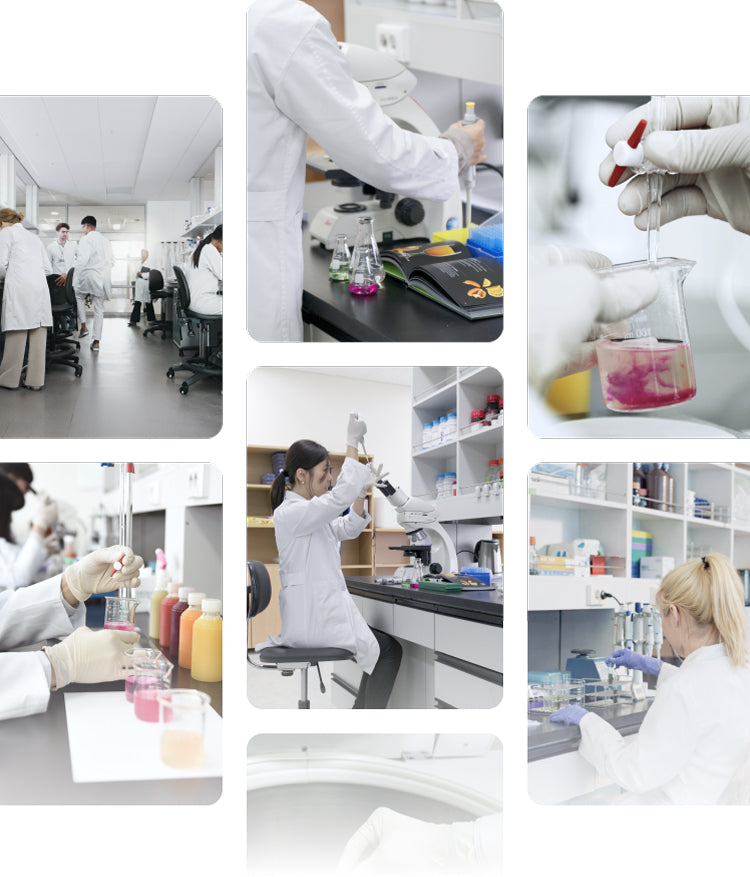 Eine Collage von Forschenden in weißen Kitteln, die in einem modernen Labor wissenschaftliche Versuche durchführen. Die Bilder zeigen Fachleute, die Saftproben analysieren, mit Pipetten und Bechergläsern voller farbiger Flüssigkeiten arbeiten und detaillierte Ernährungsforschung betreiben, um die Produktqualität zu sichern.
